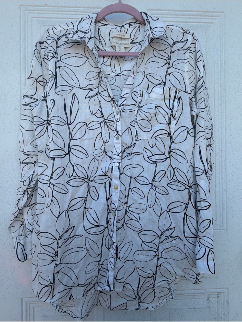Cynthia Rowley White Button-Down Shirt with Black Floral Outline